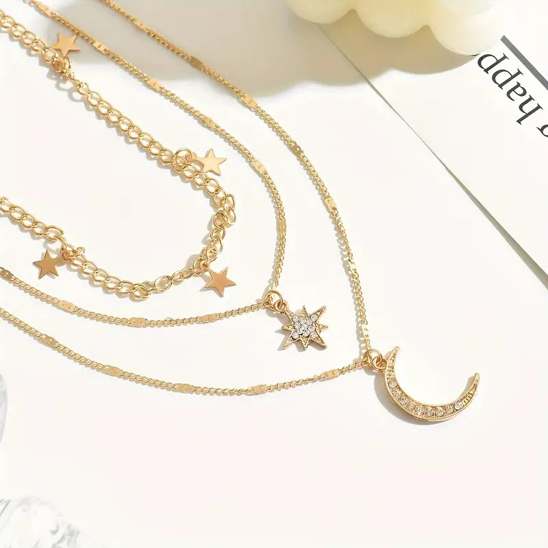 Gelaagde Ketting met Ster en Maan Hanger
