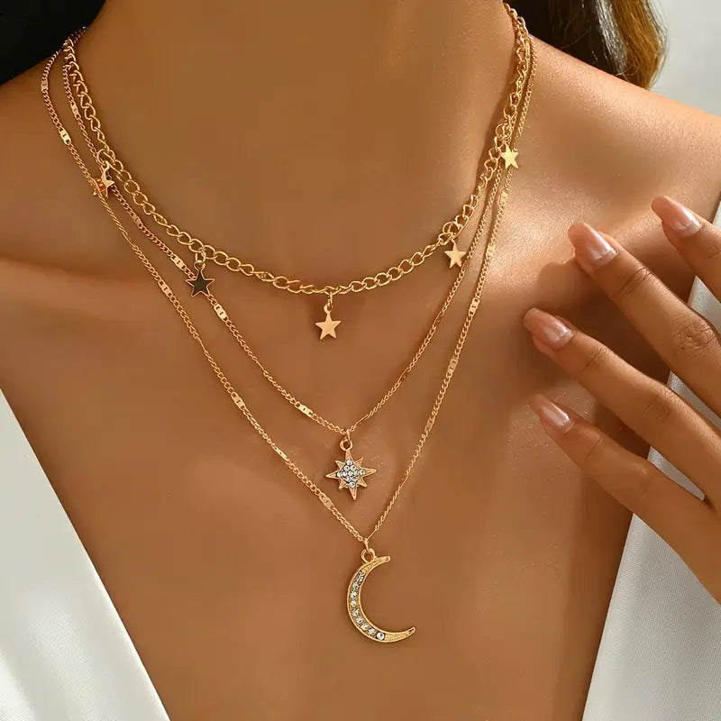 Gelaagde Ketting met Ster en Maan Hanger
